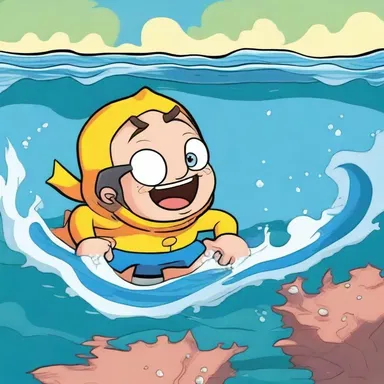 In the cartoon series, the character gets caught in a rip while swimming in the ocean, leading to an exciting and adventurous storyline.
