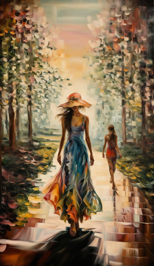 Impressionistic painting of a woman in sundress and hat walking through a landscape bathed in painted light with blurry brushstrokes, displayed in a museum art gallery.