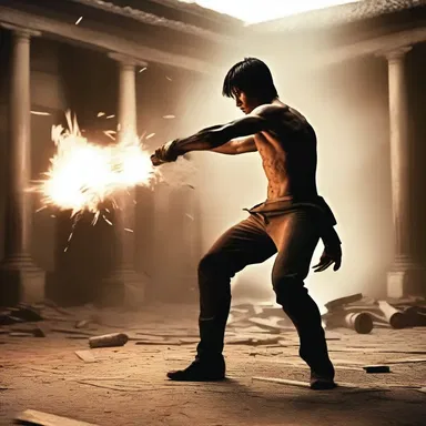 In the intense battle scene, the protagonist unleashed his power and effortlessly ripped apart the opponent's wooden weapon with a single strike.