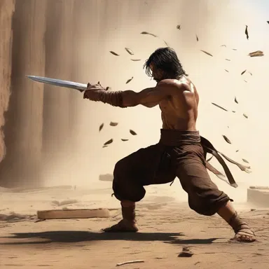 In the intense battle scene, the protagonist unleashed his power and effortlessly ripped apart the opponent's wooden weapon with a single strike.