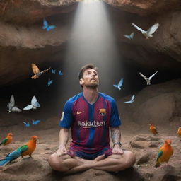 Lionel Messi, a renowned footballer, in a serene pose of worship towards a Hindu god inside a vibrant cave, surrounded by whimsical birds circling overhead and ethereal butterflies flitting about.