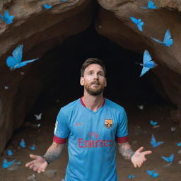 Lionel Messi, a renowned footballer, in a serene pose of worship towards a Hindu god inside a vibrant cave, surrounded by whimsical birds circling overhead and ethereal butterflies flitting about.