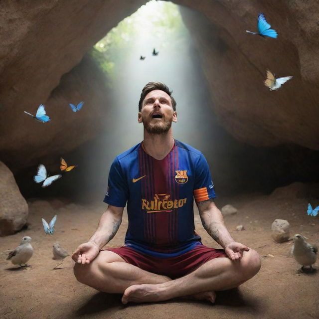 Lionel Messi, a renowned footballer, in a serene pose of worship towards a Hindu god inside a vibrant cave, surrounded by whimsical birds circling overhead and ethereal butterflies flitting about.