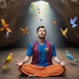 Lionel Messi, a renowned footballer, in a serene pose of worship towards a Hindu god inside a vibrant cave, surrounded by whimsical birds circling overhead and ethereal butterflies flitting about.