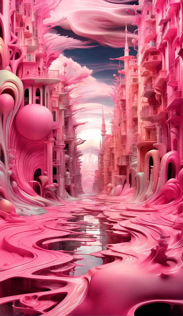 Impressionistic Barbie pink cityscape with surreal patterns and gasoline-on-water vibes as seen through the eyes of someone on psychedelics.