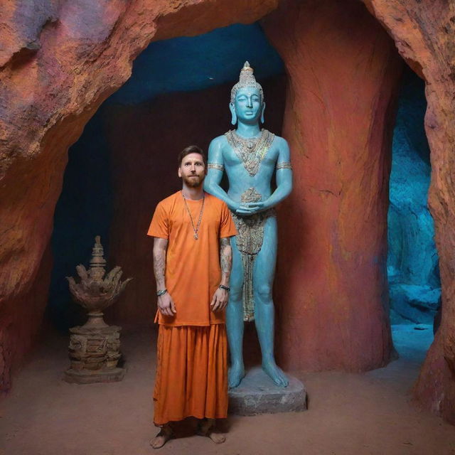 Lionel Messi, in a posture of worship, standing in front of a luminous statue of the Hindu god Shiva inside a vividly colored cave. Enchanting birds and butterflies are in mid-flight around Messi.