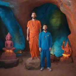 Lionel Messi, in a posture of worship, standing in front of a luminous statue of the Hindu god Shiva inside a vividly colored cave. Enchanting birds and butterflies are in mid-flight around Messi.