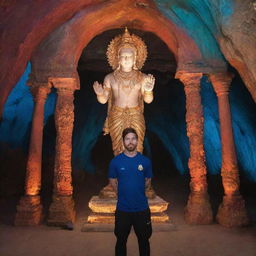 Lionel Messi, in a posture of worship, standing in front of a luminous statue of the Hindu god Shiva inside a vividly colored cave. Enchanting birds and butterflies are in mid-flight around Messi.