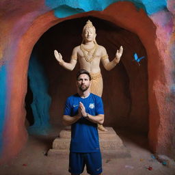 Lionel Messi, in a posture of worship, standing in front of a luminous statue of the Hindu god Shiva inside a vividly colored cave. Enchanting birds and butterflies are in mid-flight around Messi.