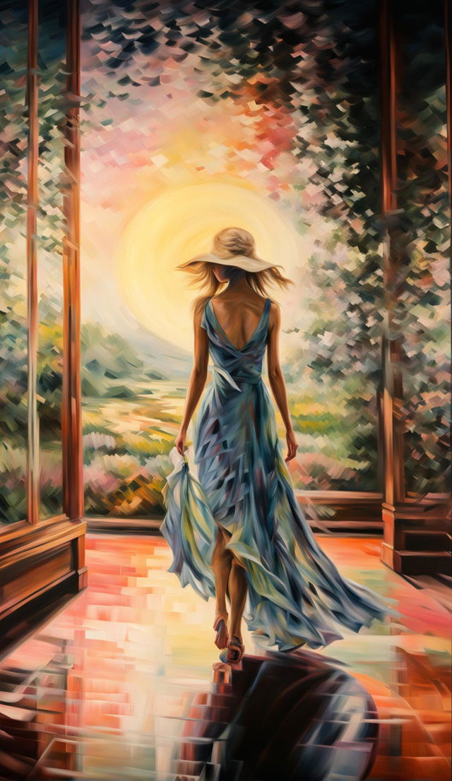 Impressionistic painting of a solitary woman in sundress and hat walking through a landscape bathed in painted light with blurry brushstrokes, displayed in a museum art gallery.