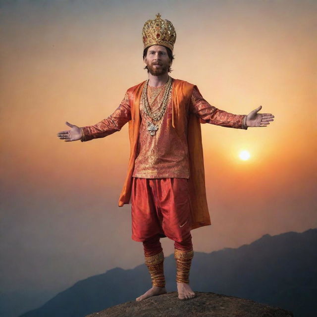 Lionel Messi, the iconic footballer, dramatically soaring in the sky in full regalia of Lord Hanuman, including a majestic crown, with a backdrop of a stunning sunset.