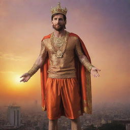 Lionel Messi, the iconic footballer, dramatically soaring in the sky in full regalia of Lord Hanuman, including a majestic crown, with a backdrop of a stunning sunset.