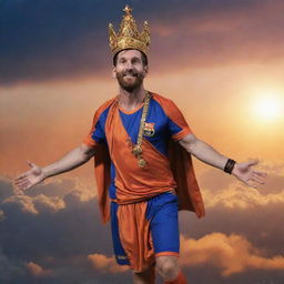 Lionel Messi, the iconic footballer, dramatically soaring in the sky in full regalia of Lord Hanuman, including a majestic crown, with a backdrop of a stunning sunset.