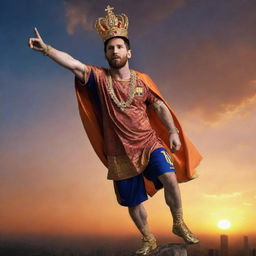 Lionel Messi, the iconic footballer, dramatically soaring in the sky in full regalia of Lord Hanuman, including a majestic crown, with a backdrop of a stunning sunset.