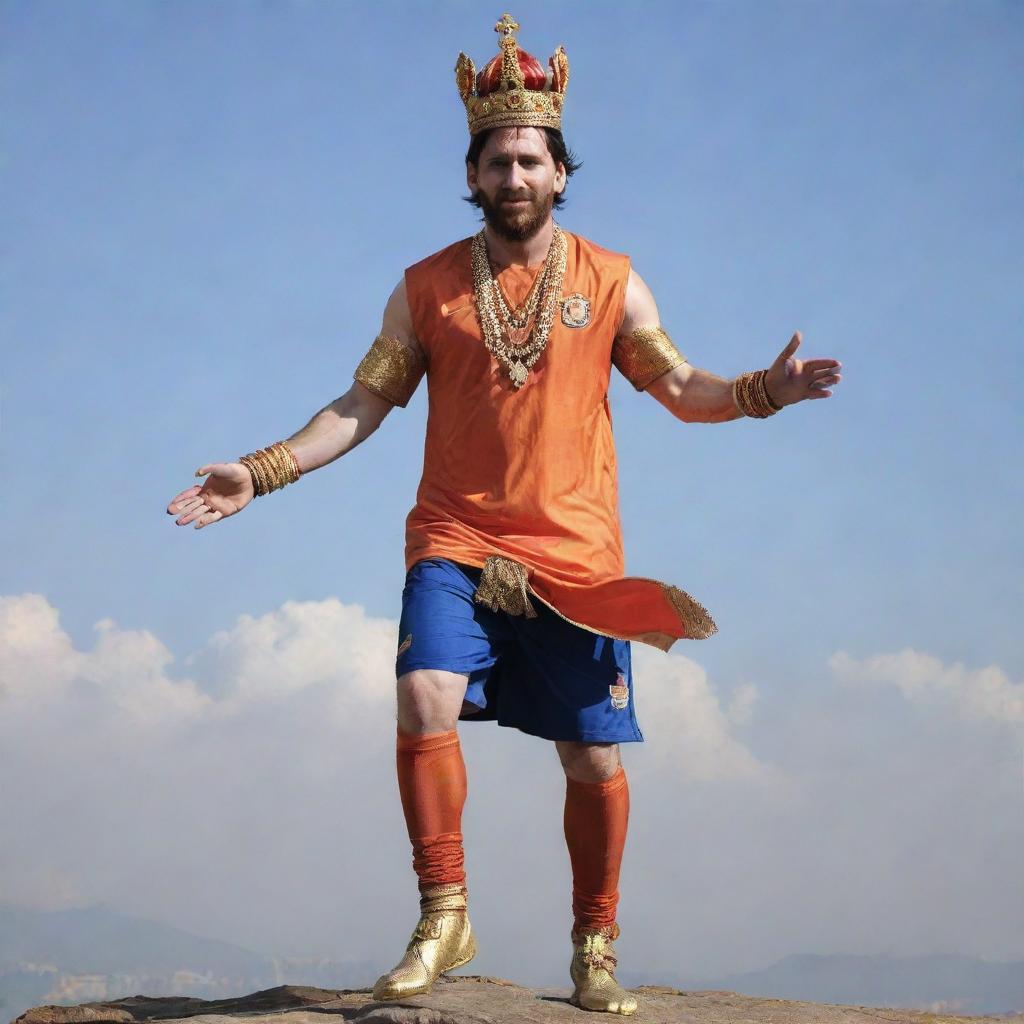 Lionel Messi, the legendary footballer, brilliantly ascending in the sky dressed in Lord Hanuman costume, including a regal crown, all while expertly balancing a football on his foot.