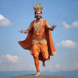 Lionel Messi, the legendary footballer, brilliantly ascending in the sky dressed in Lord Hanuman costume, including a regal crown, all while expertly balancing a football on his foot.