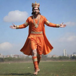 Lionel Messi, the legendary footballer, brilliantly ascending in the sky dressed in Lord Hanuman costume, including a regal crown, all while expertly balancing a football on his foot.