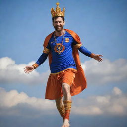 Lionel Messi, the legendary footballer, brilliantly ascending in the sky dressed in Lord Hanuman costume, including a regal crown, all while expertly balancing a football on his foot.