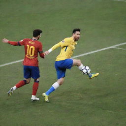 Intense action scene of Lionel Messi skillfully preparing to strike a volley in a football match while the opposing goalkeeper is anxiously anticipating the shot's trajectory.