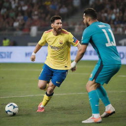 Intense action scene of Lionel Messi skillfully preparing to strike a volley in a football match while the opposing goalkeeper is anxiously anticipating the shot's trajectory.