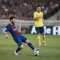 Intense action scene of Lionel Messi skillfully preparing to strike a volley in a football match while the opposing goalkeeper is anxiously anticipating the shot's trajectory.