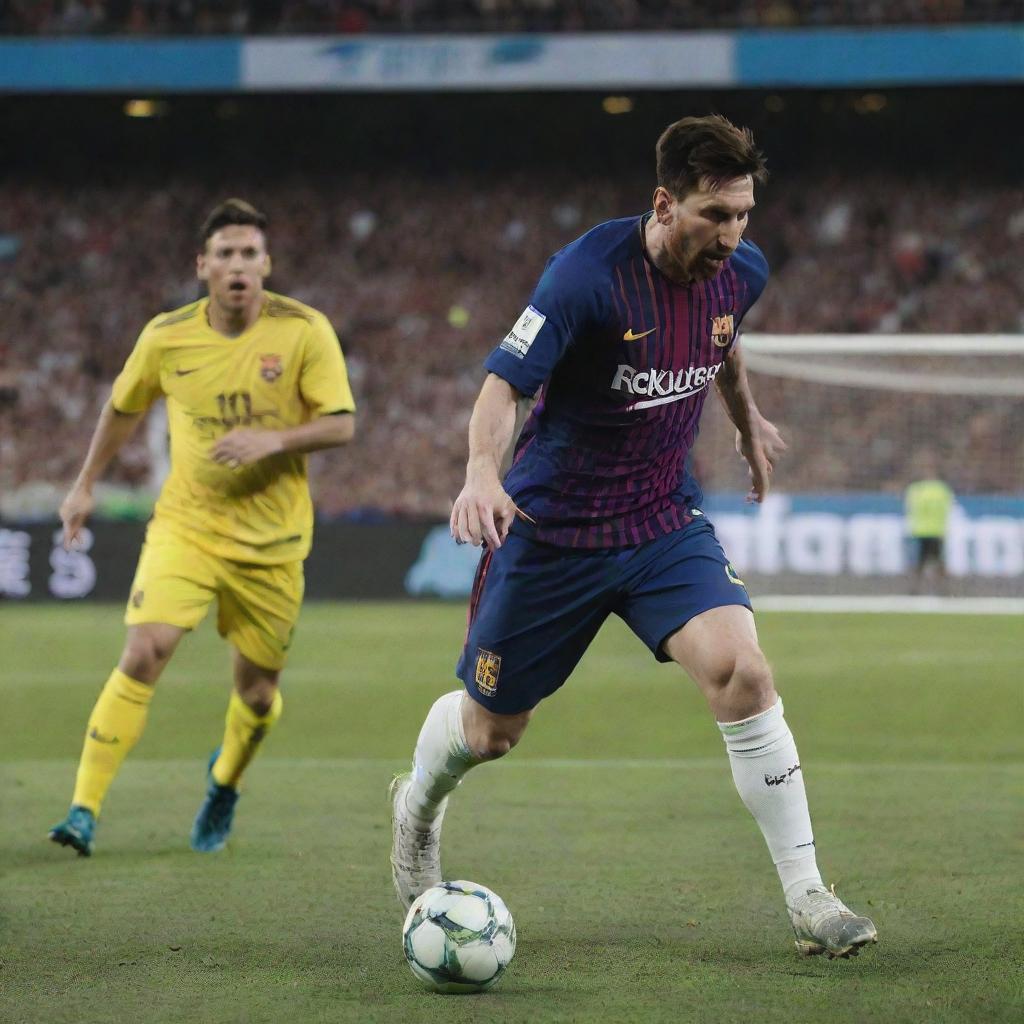 Intense action scene of Lionel Messi skillfully preparing to strike a volley in a football match while the opposing goalkeeper is anxiously anticipating the shot's trajectory.