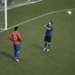 Striking action scene of professional soccer player Lionel Messi preparing to shoot a thrilling volley, while the animated goalkeeper anxiously ponders the potential outcome.