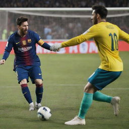 Striking action scene of professional soccer player Lionel Messi preparing to shoot a thrilling volley, while the animated goalkeeper anxiously ponders the potential outcome.