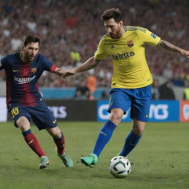 Striking action scene of professional soccer player Lionel Messi preparing to shoot a thrilling volley, while the animated goalkeeper anxiously ponders the potential outcome.