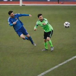 Striking action scene of professional soccer player Lionel Messi preparing to shoot a thrilling volley, while the animated goalkeeper anxiously ponders the potential outcome.