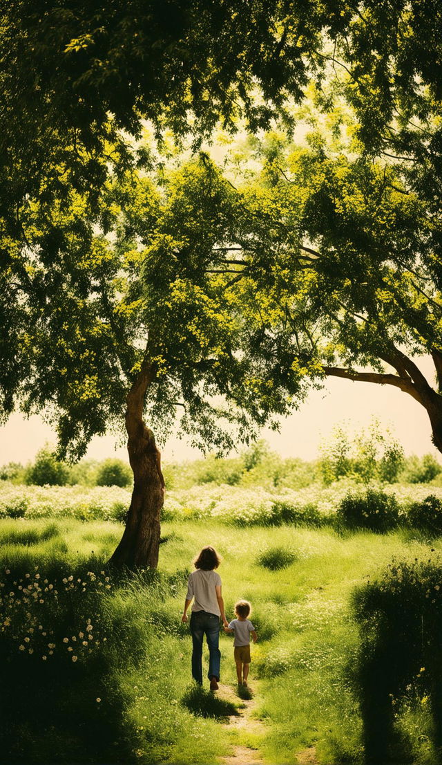 A figure holding a child's hand, walking on a path under a willow tree.