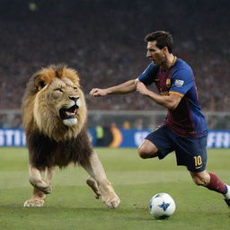 Dramatic showdown scene between Lionel Messi and Cristiano Ronaldo, both fiercely riding mighty lions. A shiny, coveted trophy glimmering sits between them, symbolizing the fierce competition.