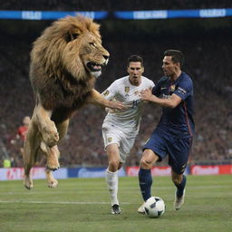 Dramatic showdown scene between Lionel Messi and Cristiano Ronaldo, both fiercely riding mighty lions. A shiny, coveted trophy glimmering sits between them, symbolizing the fierce competition.