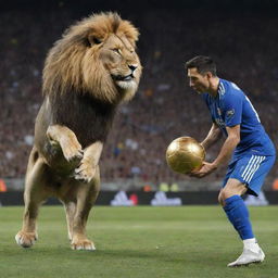 Dramatic showdown scene between Lionel Messi and Cristiano Ronaldo, both fiercely riding mighty lions. A shiny, coveted trophy glimmering sits between them, symbolizing the fierce competition.