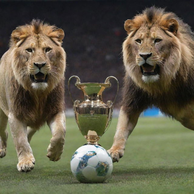 Dramatic showdown scene between Lionel Messi and Cristiano Ronaldo, both fiercely riding mighty lions. A shiny, coveted trophy glimmering sits between them, symbolizing the fierce competition.