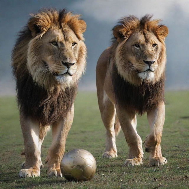 Dramatic image of Lionel Messi and Cristiano Ronaldo, the football giants, preparing for their next battle atop majestic lions. They appear determined and fearless, reflecting the intensity of the upcoming clash.