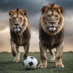 Dramatic image of Lionel Messi and Cristiano Ronaldo, the football giants, preparing for their next battle atop majestic lions. They appear determined and fearless, reflecting the intensity of the upcoming clash.