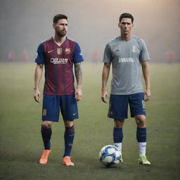 Dramatic image of Lionel Messi and Cristiano Ronaldo, the football giants, preparing for their next battle atop majestic lions. They appear determined and fearless, reflecting the intensity of the upcoming clash.