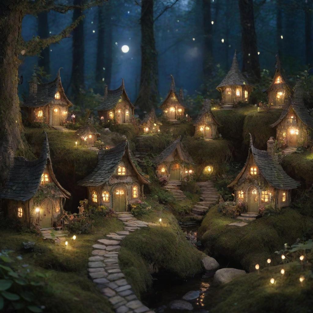 A mystical fairy village illuminated by soft moonlight, with tiny, ornate houses nestled among oversized forest flora and twinkling fireflies.