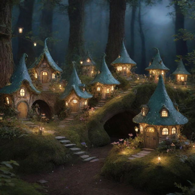 A mystical fairy village illuminated by soft moonlight, with tiny, ornate houses nestled among oversized forest flora and twinkling fireflies.