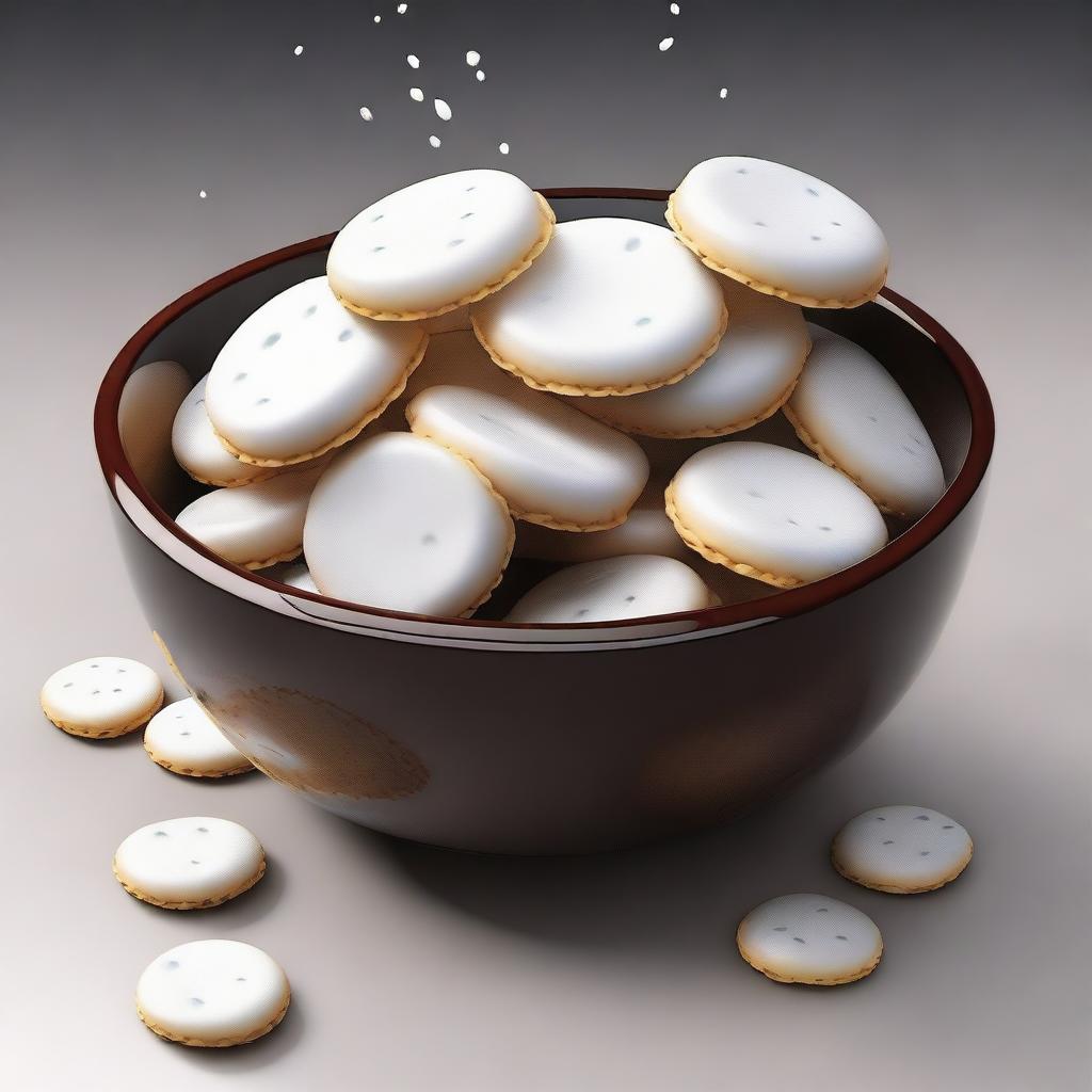 A hyper-realistic digital art of a bowl filled with round, white crackers, doused in a dark brown liquid