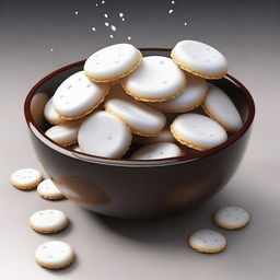 A hyper-realistic digital art of a bowl filled with round, white crackers, doused in a dark brown liquid