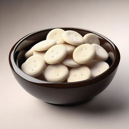 A hyper-realistic digital art of a bowl filled with round, white crackers, doused in a dark brown liquid