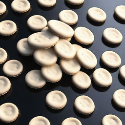 A hyper-realistic digital art of a bowl filled with round, white crackers, doused in a dark brown liquid