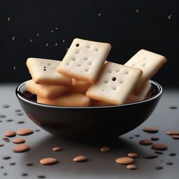 A hyper-realistic digital art of a bowl filled with round, white crackers, doused in a dark brown liquid