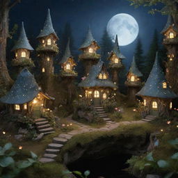 A mystical fairy village illuminated by soft moonlight, with tiny, ornate houses nestled among oversized forest flora and twinkling fireflies.