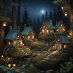 A mystical fairy village illuminated by soft moonlight, with tiny, ornate houses nestled among oversized forest flora and twinkling fireflies.