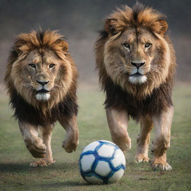 Epic image of football legends Lionel Messi and Cristiano Ronaldo, each valiantly astride powerful lions, preparing for an intense battle. Their focused expressions illustrate the highly anticipated confrontation.