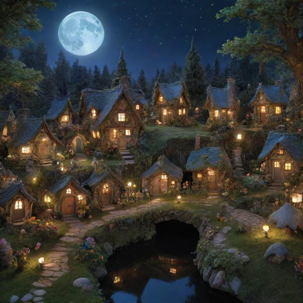 The fairy village encased in a moonlit glow, where each house brims with unique character and personal traits, amplifying the overall magic. Overscaled flora surround the houses, bathed in glowing luminescence.