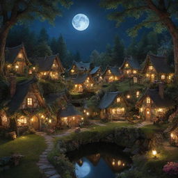 The fairy village encased in a moonlit glow, where each house brims with unique character and personal traits, amplifying the overall magic. Overscaled flora surround the houses, bathed in glowing luminescence.